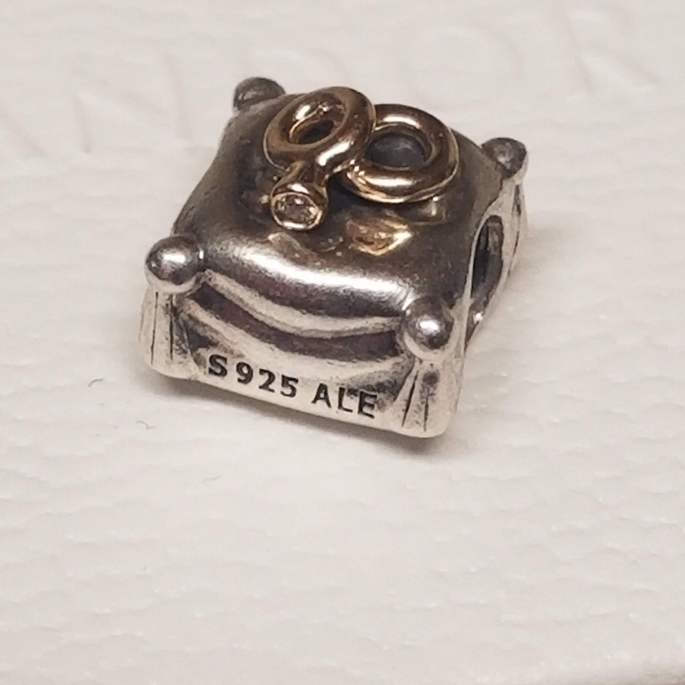 PANDORA Romantic Union Wedding Rings Pillow 925 ALE w/14k GOLD Rings & Diamond